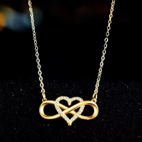 NEW Infinity Heart Pendant Necklace CZ Pave 14K Yellow Gold Plated Thin Chain - Picture 8 of 11